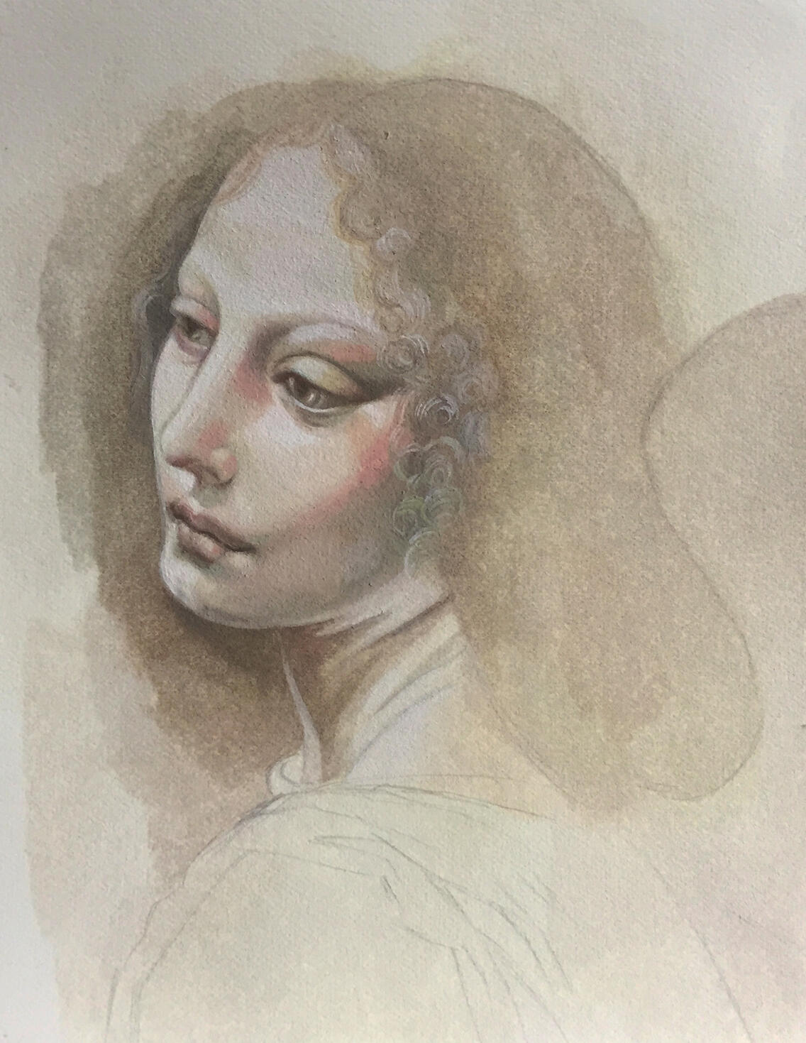 Head of Uriel sketch - after The Vigin of the Rocks II by Leonardo da Vinci | Poster on paper | 7” x 5” | 2019