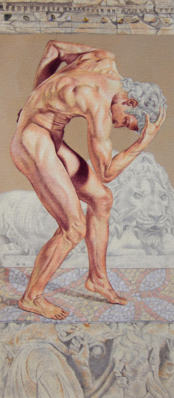 Bemused by Abandonment and Isolation | Watercolor, poster color, and faux shells on paper | 10.25" x 4.5” | 2019