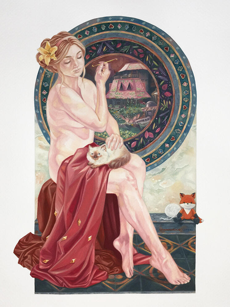 The Maiden in a Sidequest | Poster color and metallic ink on paper | 12" x 9" | 2021
