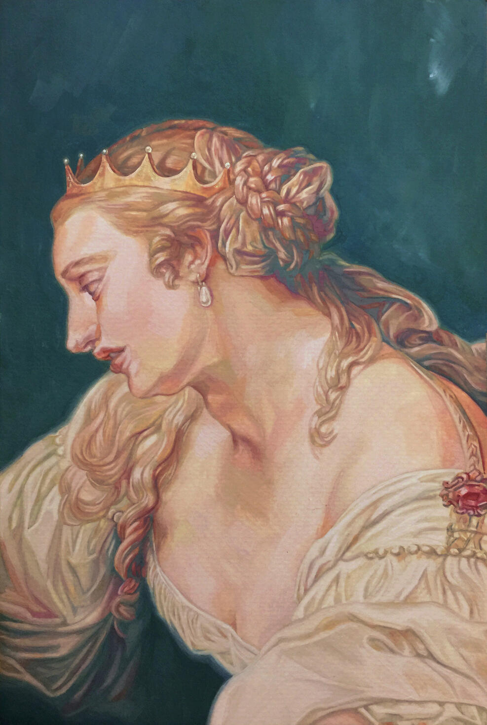 Cleopatra from The Death of Mark Antony - after Pompeo Batoni | Poster color and metallic ink on paper | 9” x 6” | 2020
